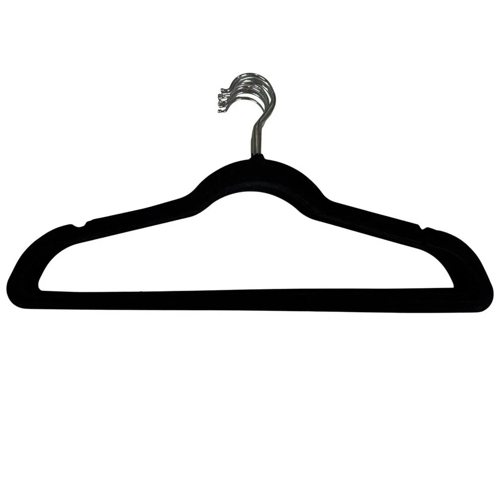 Set of 10 Black Velvet Non-Slip Clothes Hangers Chrome Swivel Hook Space Saving